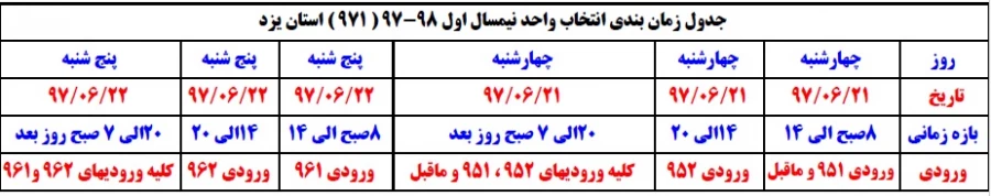برنامه زمانی  انتخاب واحد 971 استان یزد